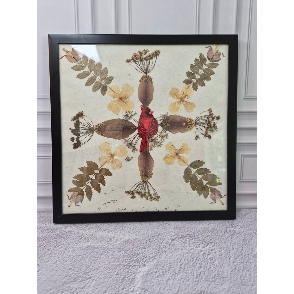 Pressed Flower Botanical Art Framed Red Cardinal Bird Wall Decor 12.5x12.5